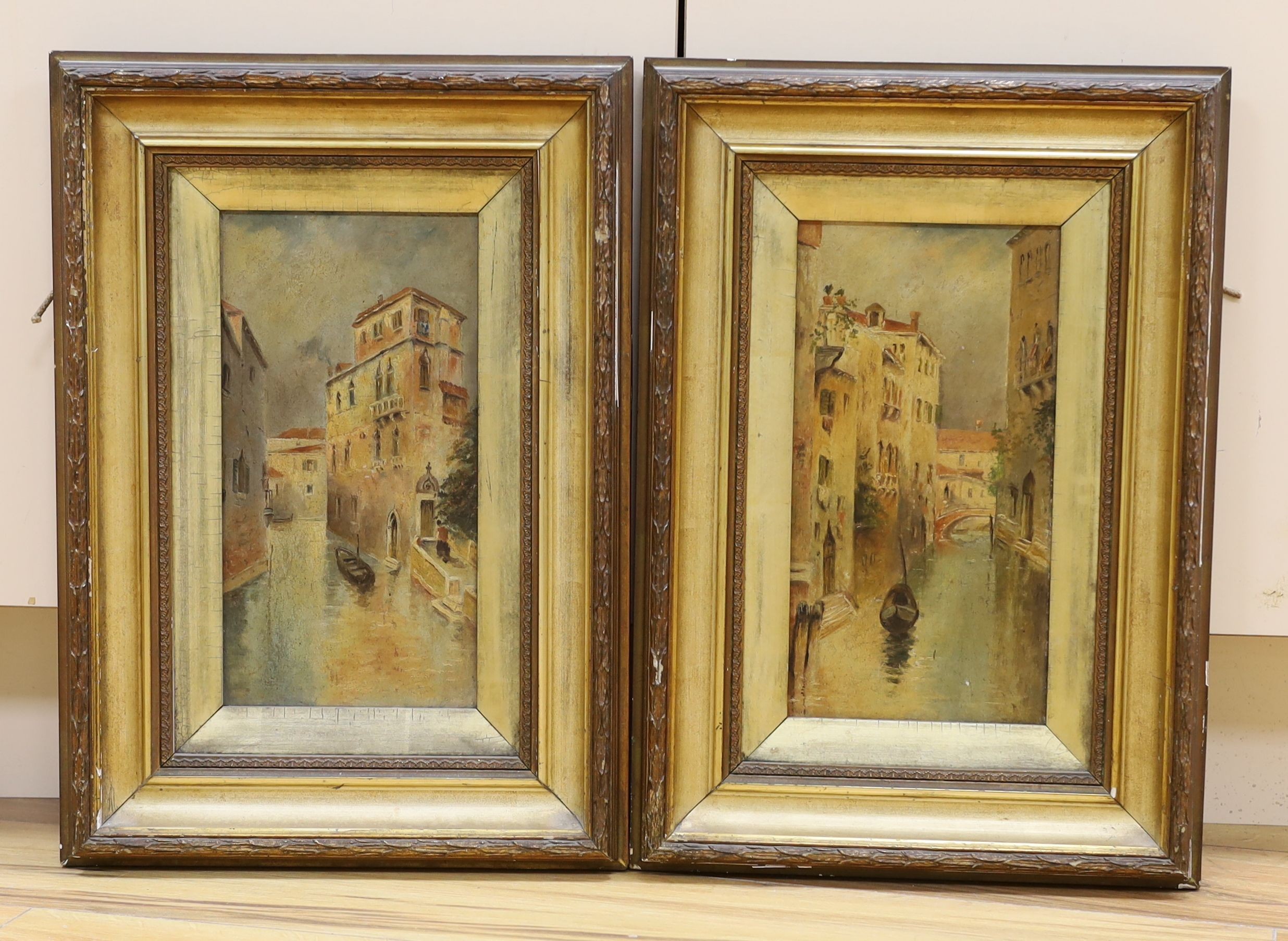 H.Vickers (English School circa 1900), pair of oils on board, Venetian canal scenes, 30 x 15cm.